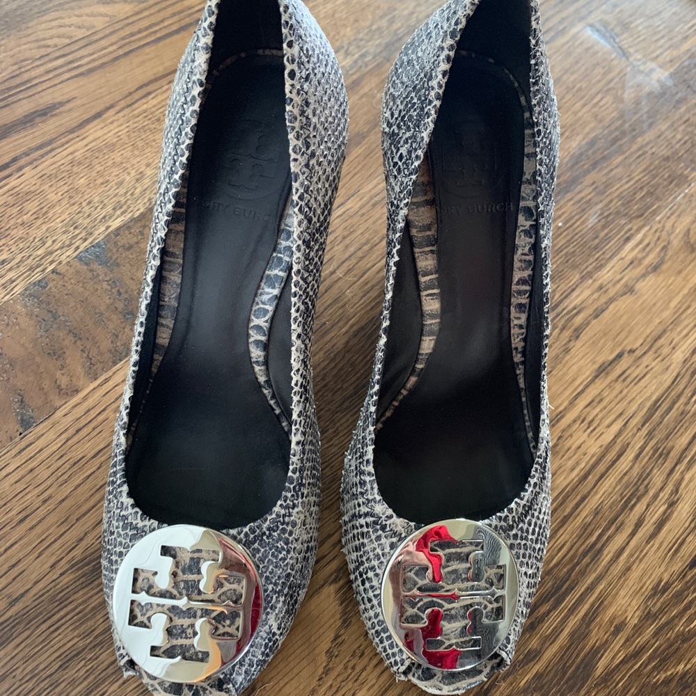 Tory Burch Snakeskin peep toe wedges. Size 8.5